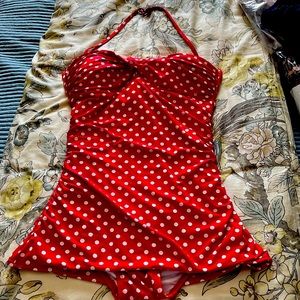 Ann Taylor LOFT One-Piece Retro Swimsuit, Red/White - Size Large.